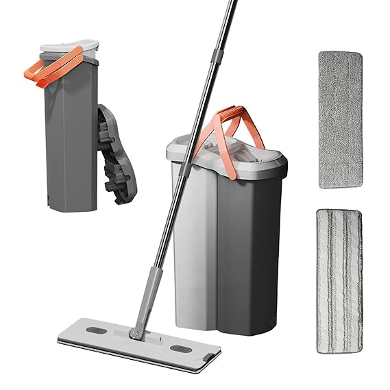 JIALTO Flat Mop and Bucket Set with 2 Chambers – Hands-Free Self Squeeze Mop with Microfiber Pads, 360° Rotating Handle, Floor Cleaning System for Home, Kitchen, Bathroom & Office