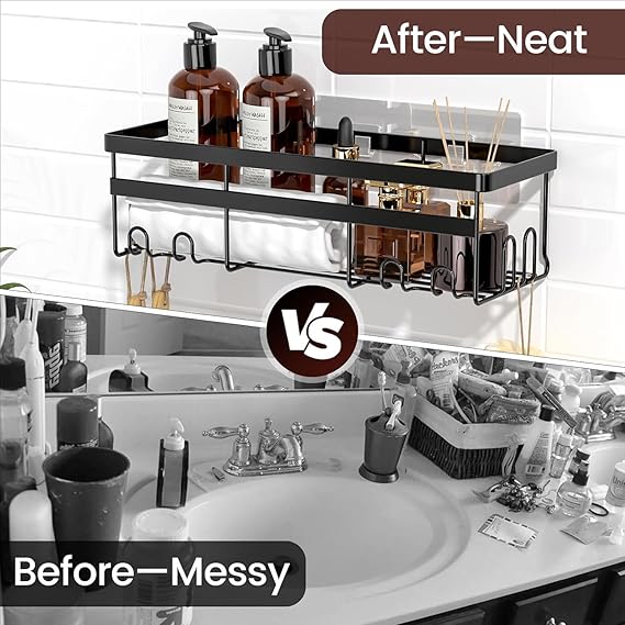 JIALTO 2 Pieces Aluminium Heavy Duty Self Adhesive Bathroom Accessories Set Bathroom Kitchen Shelf Rack, Multipurpose Wall Mounted Washroom Organizer (Black)