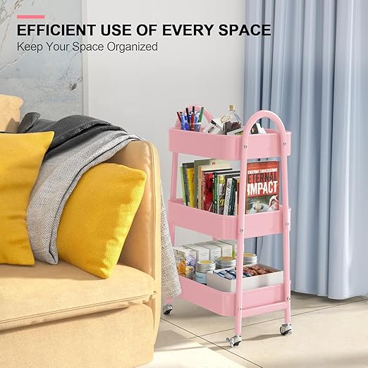 JIALTO 3-Tier Vegetable Rack for Kitchen Steel Trolley Cart, Metal Storage Rack with Lockable Wheels, Multipurpose Storage Organizer with Home Kitchen Outdoor for Office & Home - Green