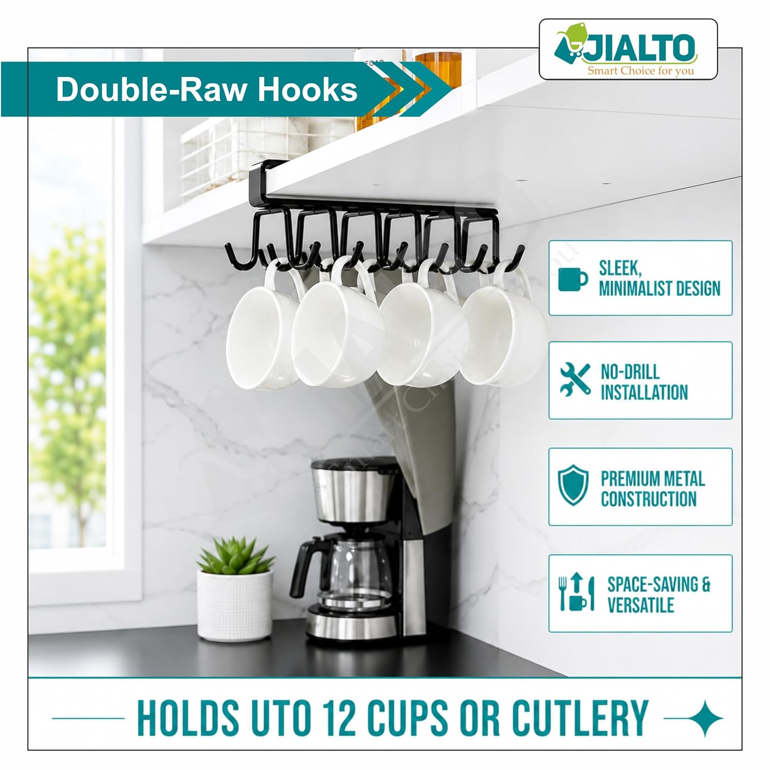 JIALTO 1 Pcs Double-Row 12 Hooks for Kitchen Storage - Cupboard Hanging Organizer for Coffee, Tea Cups, Towels, and More | Versatile Metal Hooks for Home, Office