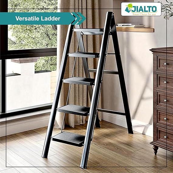 JIALTO 5 Step Aluminums Ladder | Foldable Step with Wide Pedals | Lightweight & Portable Stepping Stool for Home, Kitchen, Library, Office with Anti-Slip Heavy Duty 150 Kg Load