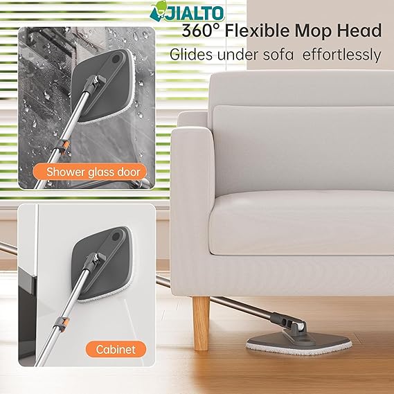 JIALTO 360° Spin Mop & Drop Bucket Deluxe System | Reusable Microfiber Pads for Wet & Dry Cleaning of Walls, Glass & Tiles and Home Floor Cleaning - Grey and Orange (Square)