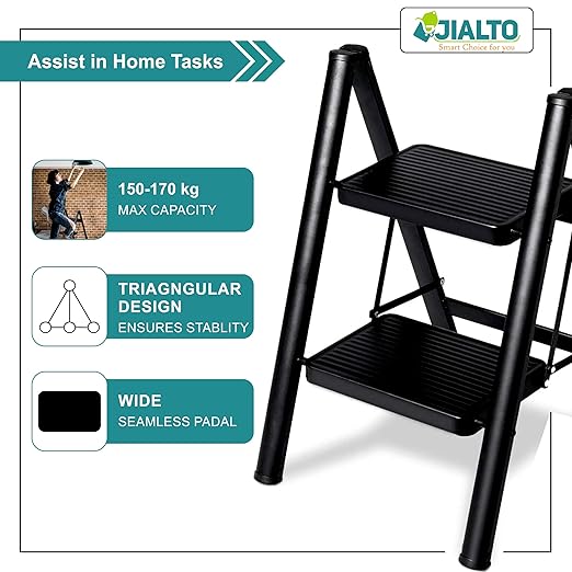 JIALTO 2 Step Aluminums Ladder | Foldable Step with Wide Pedals | Lightweight & Portable Stepping Stool for Home, Kitchen, Library, Office with Anti-Slip Heavy Duty 150 Kg Load (Black, 2 Step Ladder)