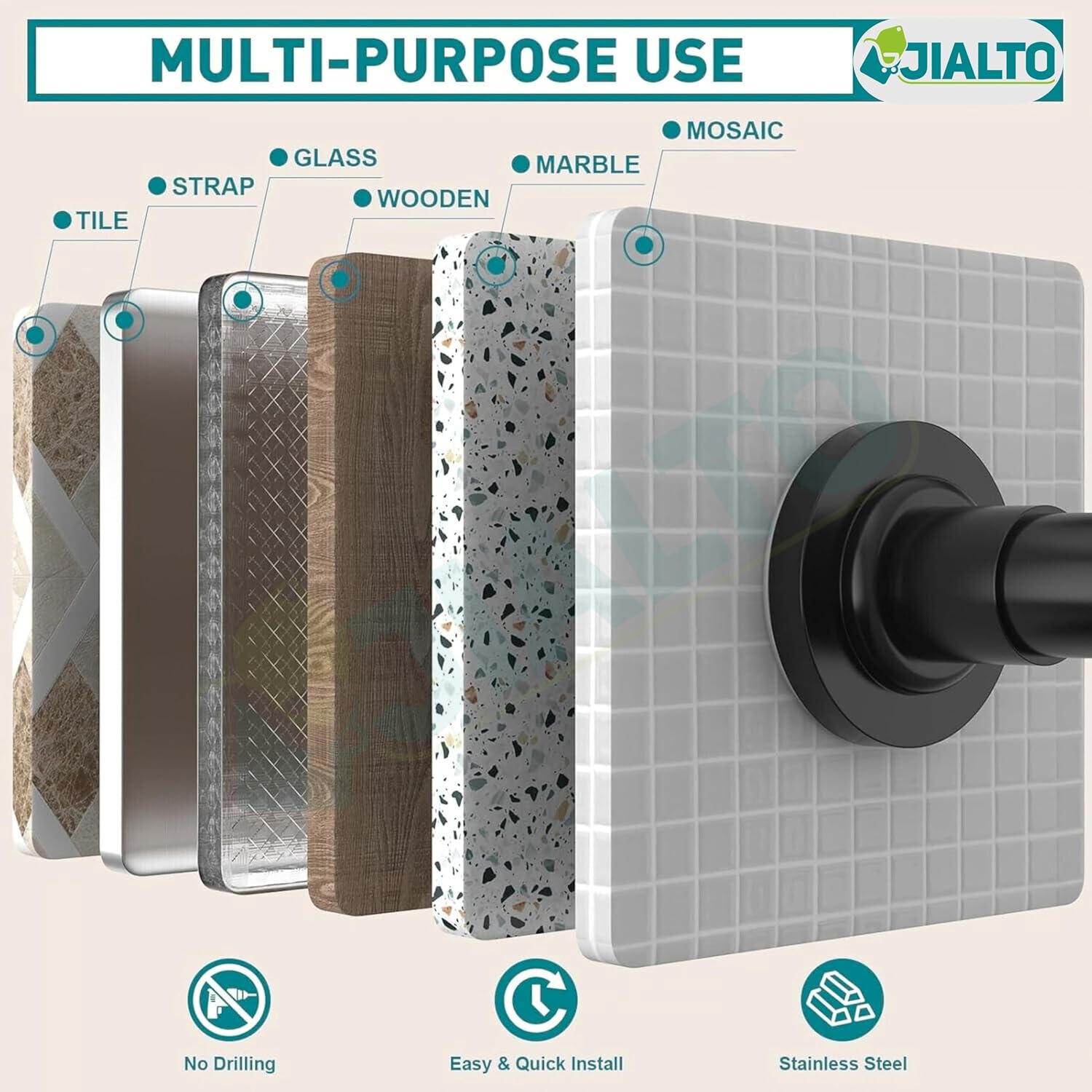 JIALTO Adjustable Bathroom Shower Curtain Rod 115 To 215 Cm Extendable Shower Tension Rod | Without Drill for Wall Anti-Skid Spring Pull Door | Telescopic Shower Curtain Stand 2 Psc