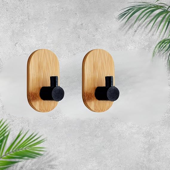 JIALTO 4 PCS Wooden Bathroom and Kitchen Without Drill Self Adhesive Hooks for Wall | Self Adhesive Wall Hook for Bathroom Accessories, Stylish Home Decor Items - (Rectangle Black Wooden)