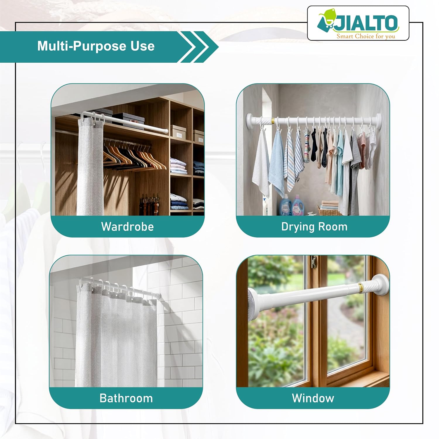 JIALTO Adjustable Bathroom Curtain Rod | Extendable  Shower Curtain Rod Without Drill for Wall Anti-Skid Spring Pull | Door Curtain | Bathroom Pipe Rod | Curtain Stand - WHITE, Pack Of - 2