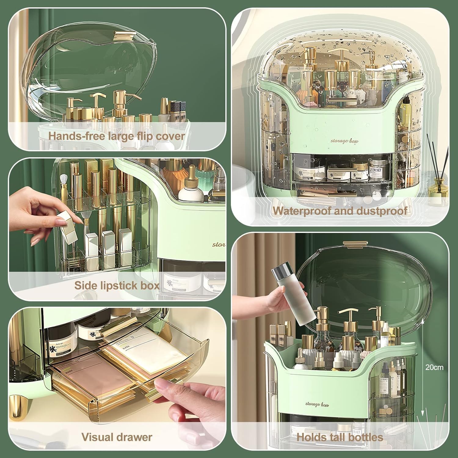 JIALTO Makeup Organizer Box | Countertop Cosmetic Organizer for Woman | Transparent Clear Makeup Organizer Box | Organize for Cosmetic Products (Greens)