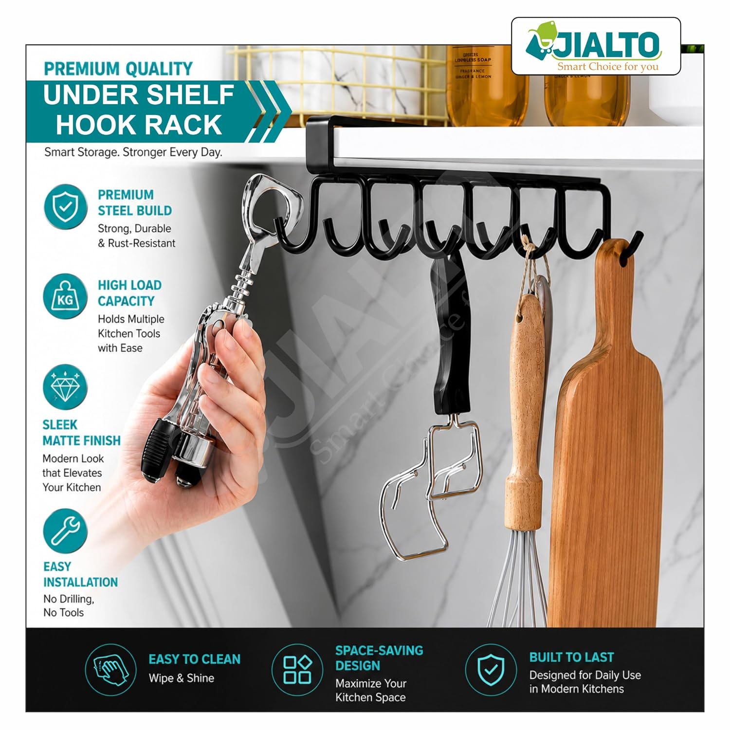 JIALTO 1 Pcs Double-Row 12 Hooks for Kitchen Storage - Cupboard Hanging Organizer for Coffee, Tea Cups, Towels, and More | Versatile Metal Hooks for Home, Office