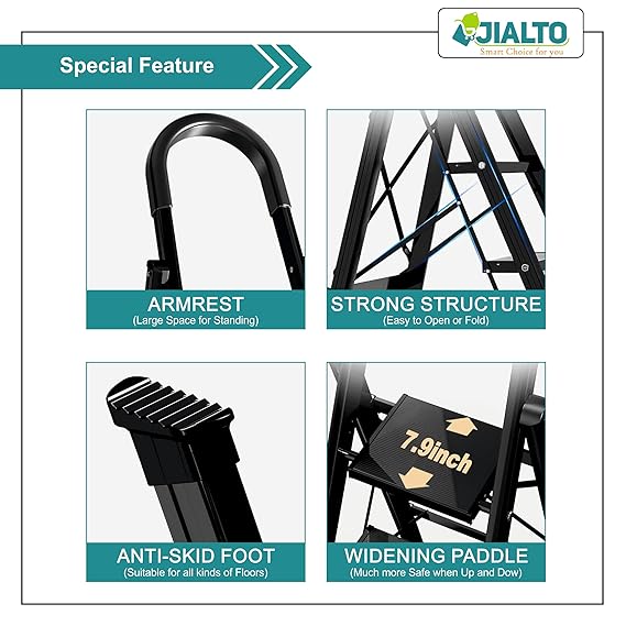 JIALTO 7 Step Ladder with Handrail | Folding Steel Step Stool for Home & Kitchen | Anti-Slip Wide Pedal, Lightweight & Portable | Space-Saving Design, Indoor & Outdoor Use (Black)