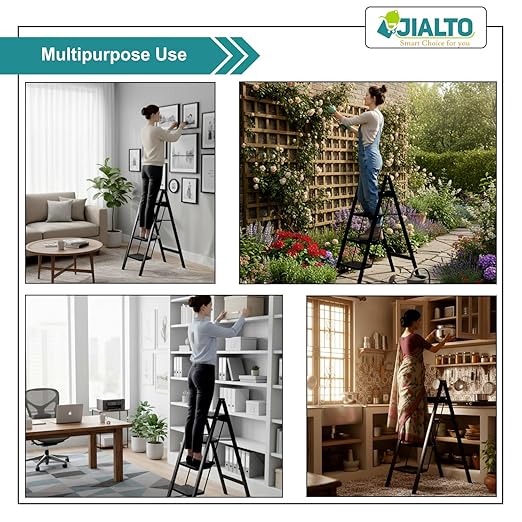 JIALTO 4 Step Aluminums Ladder | Foldable Step with Wide Pedals | Lightweight & Portable Stepping Stool for Home, Kitchen, Library, Office with Anti-Slip Heavy Duty 150 Kg Load