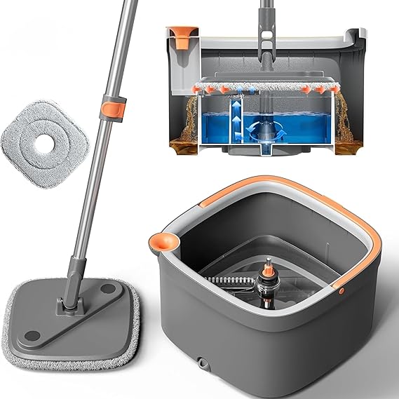 JIALTO 360° Spin Mop & Drop Bucket Deluxe System | Reusable Microfiber Pads for Wet & Dry Cleaning of Walls, Glass & Tiles and Home Floor Cleaning - Grey and Orange (Square)