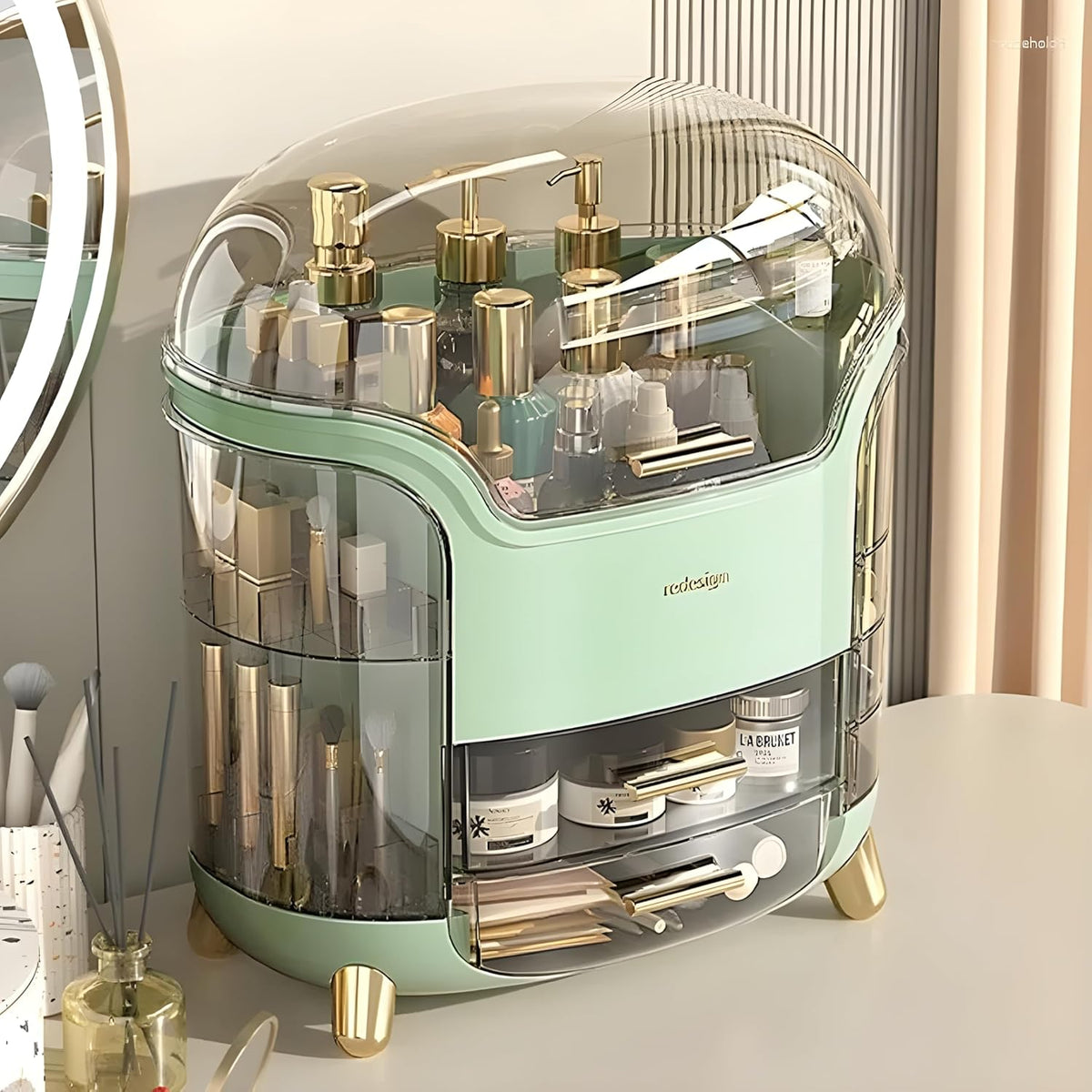 JIALTO Makeup Organizer Box with 3 Drawers &amp; Dustproof Lid – Transparent Cosmetic Storage Box for Skincare, Perfumes, Jewelry &amp; Accessories – Countertop Vanity Organizer for Dressing Table (White)