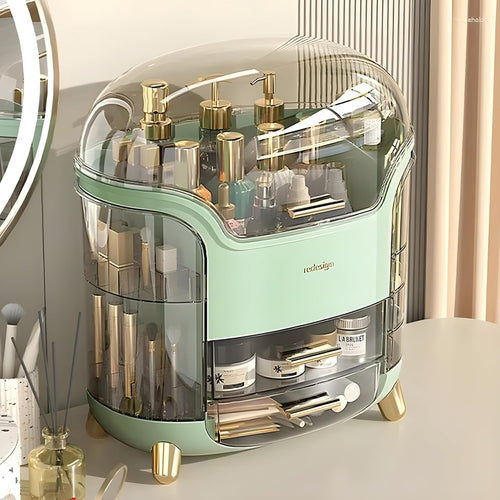 JIALTO Makeup Organizer Box with 3 Drawers &amp; Dustproof Lid – Transparent Cosmetic Storage Box for Skincare, Perfumes, Jewelry &amp; Accessories – Countertop Vanity Organizer for Dressing Table (White)