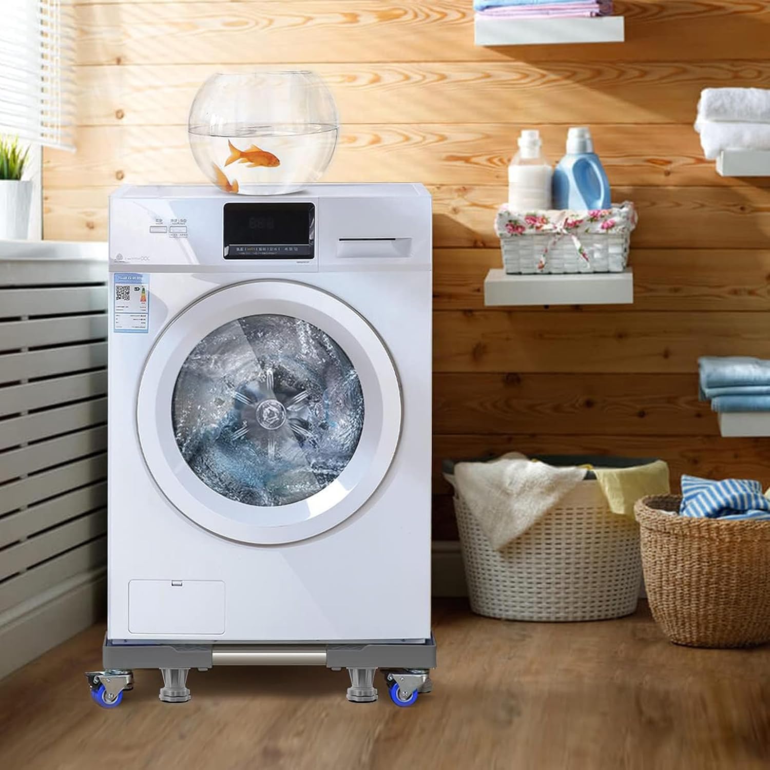 JIALTO Universal Adjustable Washing Machine Stand 8kg-12kg- Heavy Duty Trolley with Wheels- Single/Double Door Fridge Stand, Air Cooler Stand, Appliance Base with 300 Kg Capacity, Anti Vibration Pads