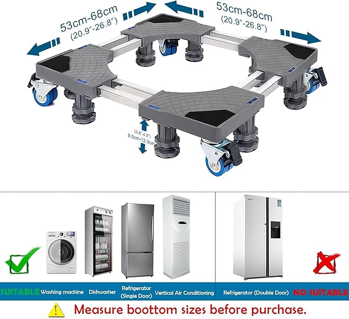 JIALTO Universal Adjustable Washing Machine Stand 8kg-12kg- Heavy Duty Trolley with Wheels- Single/Double Door Fridge Stand, Air Cooler Stand, Appliance Base with 300 Kg Capacity, Anti Vibration Pads