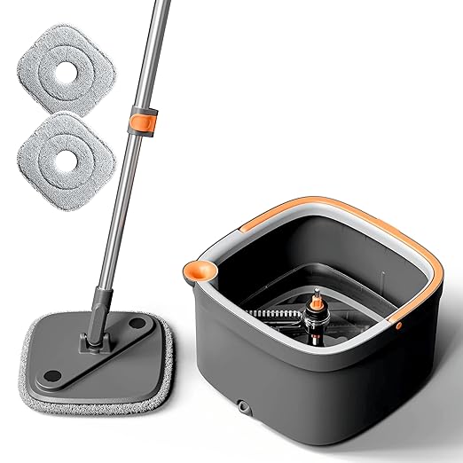 JIALTO 360° Spin Mop & Drop Bucket Deluxe System | Reusable Microfiber Pads for Wet & Dry Cleaning of Walls, Glass & Tiles and Home Floor Cleaning - Grey and Orange (Square)
