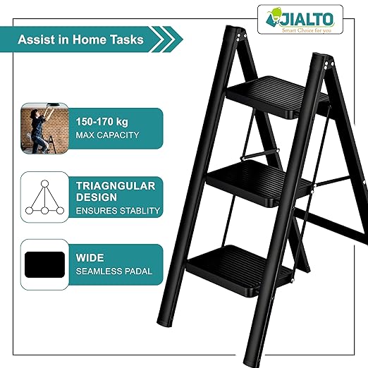 JIALTO 3 Step Aluminums Ladder | Foldable Step with Wide Pedals | Lightweight & Portable Stepping Stool for Home, Kitchen, Library, Office with Anti-Slip Heavy Duty 150 Kg Load