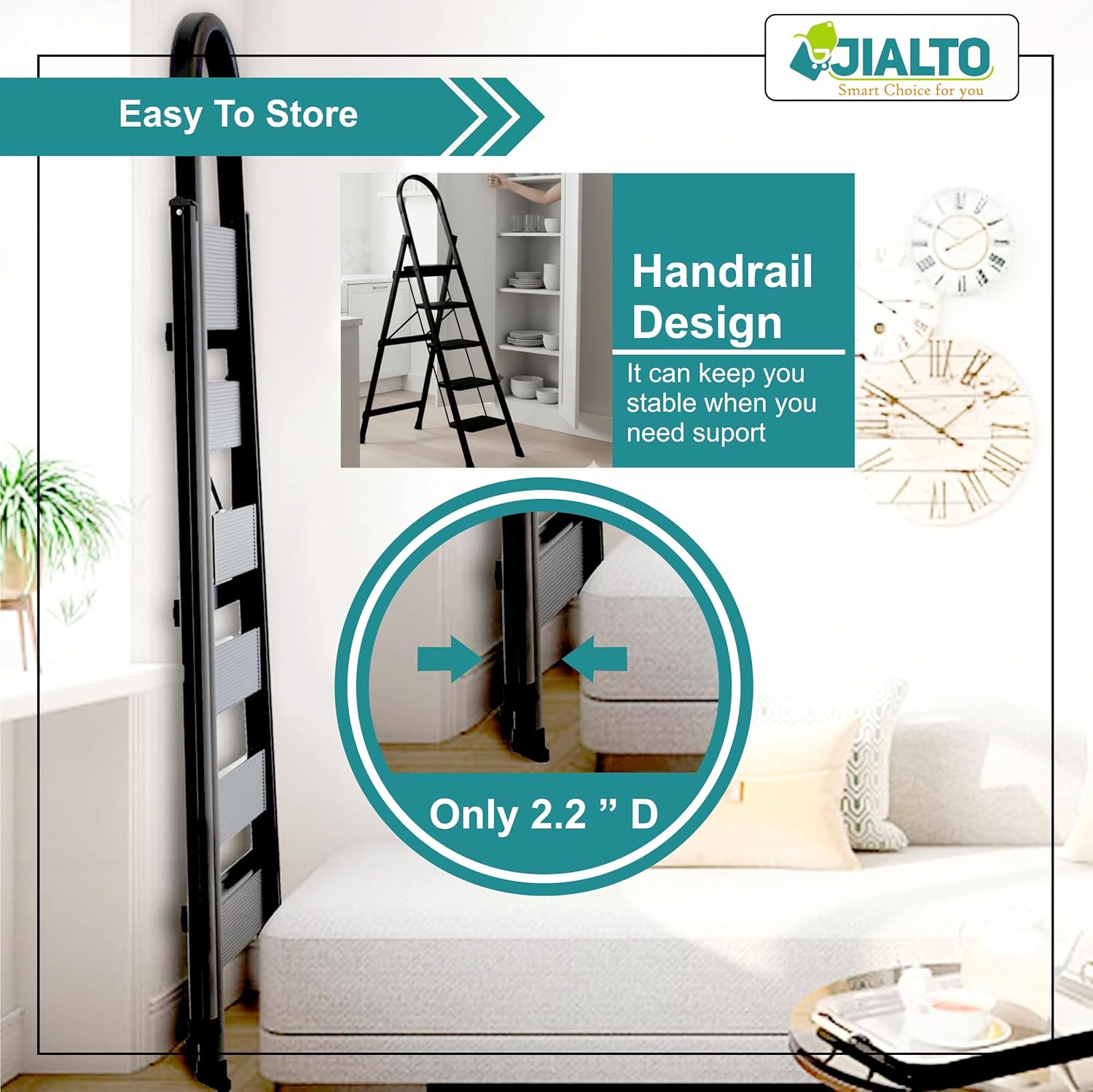 Jialto Premium Matte Black 5 Step Ladder | Foldable Ladder for Home with Built-in Tool Tray | Secure Lock & Wide Rubber Feet | Heavy Duty Home Step Ladder (150kg Capacity)