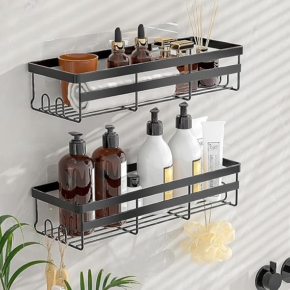 JIALTO 2 Pieces Aluminium Heavy Duty Self Adhesive Bathroom Accessories Set Bathroom Kitchen Shelf Rack, Multipurpose Wall Mounted Washroom Organizer (Black)