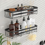 JIALTO 2 Pieces Aluminium Heavy Duty Self Adhesive Bathroom Accessories Set Bathroom Kitchen Shelf Rack, Multipurpose Wall Mounted Washroom Organizer (Black)
