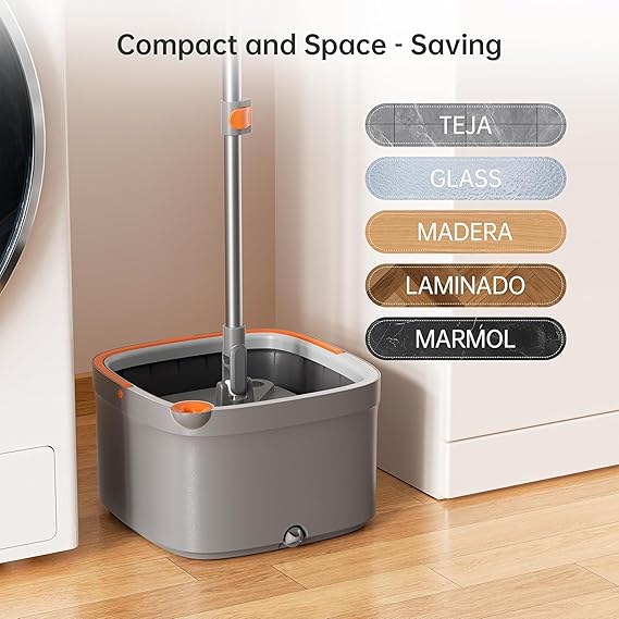JIALTO 360° Spin Mop & Drop Bucket Deluxe System | Reusable Microfiber Pads for Wet & Dry Cleaning of Walls, Glass & Tiles and Home Floor Cleaning - Grey and Orange (Square)
