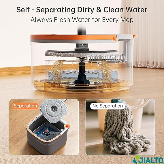 JIALTO 360° Spin Mop & Drop Bucket Deluxe System | Reusable Microfiber Pads for Wet & Dry Cleaning of Walls, Glass & Tiles and Home Floor Cleaning - Grey and Orange (Square)