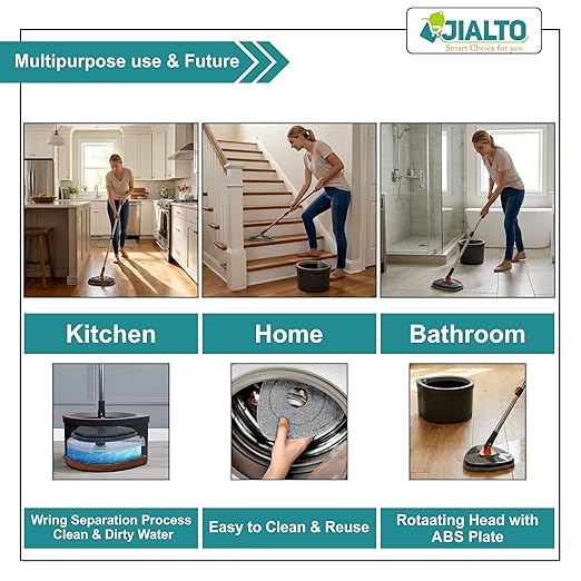 JIALTO 360° Spin Mop & Drop Bucket Deluxe System | Reusable Microfiber Pads for Wet & Dry Cleaning of Walls, Glass & Tiles and Home Floor Cleaning - Grey and Orange (Triangle)