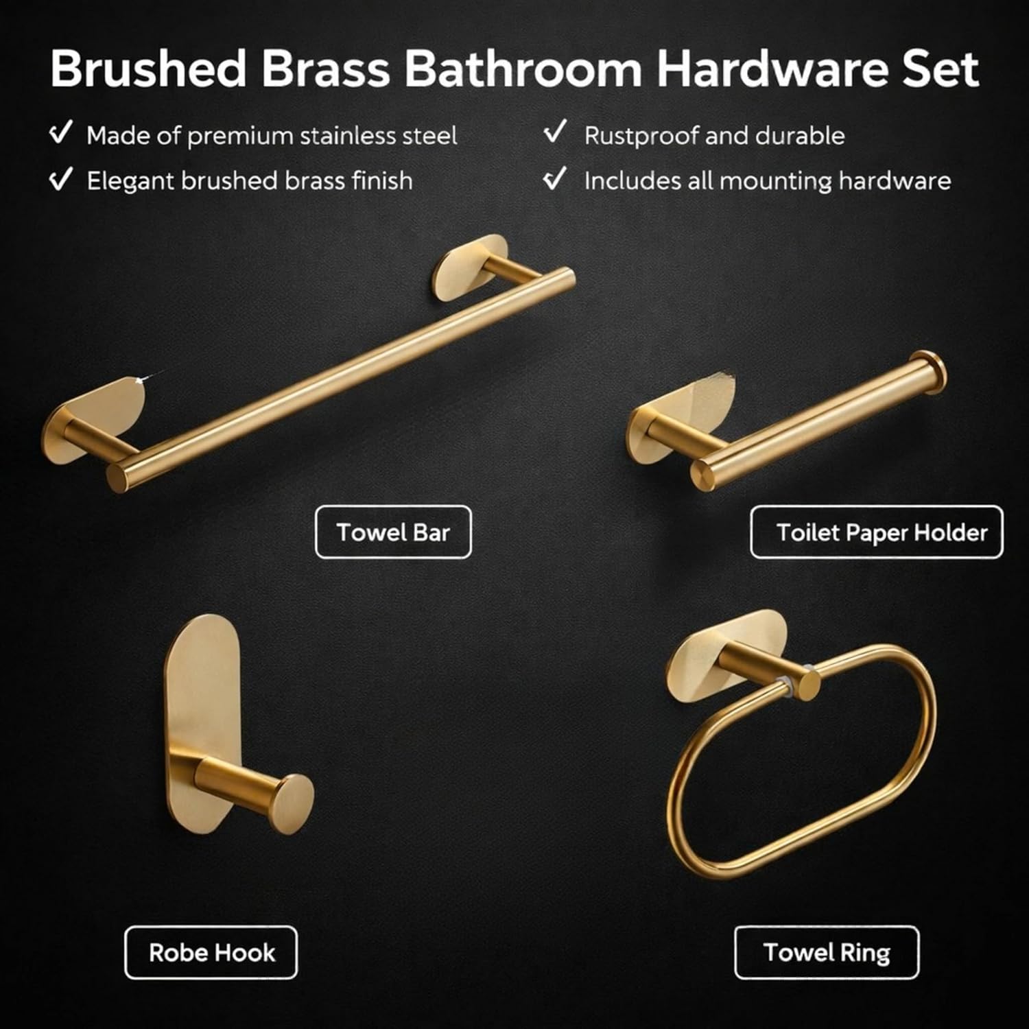 JIALTO Bathroom Towel Holder | 4 Pcs Wall Mounted Bathroom Clothes Hanger with Adhesive Hooks | Towel Rod | Tissue Paper Holder | Bathroom Fittings Rod &amp; Towel Stand (Gold, 4 - Pieces Set)