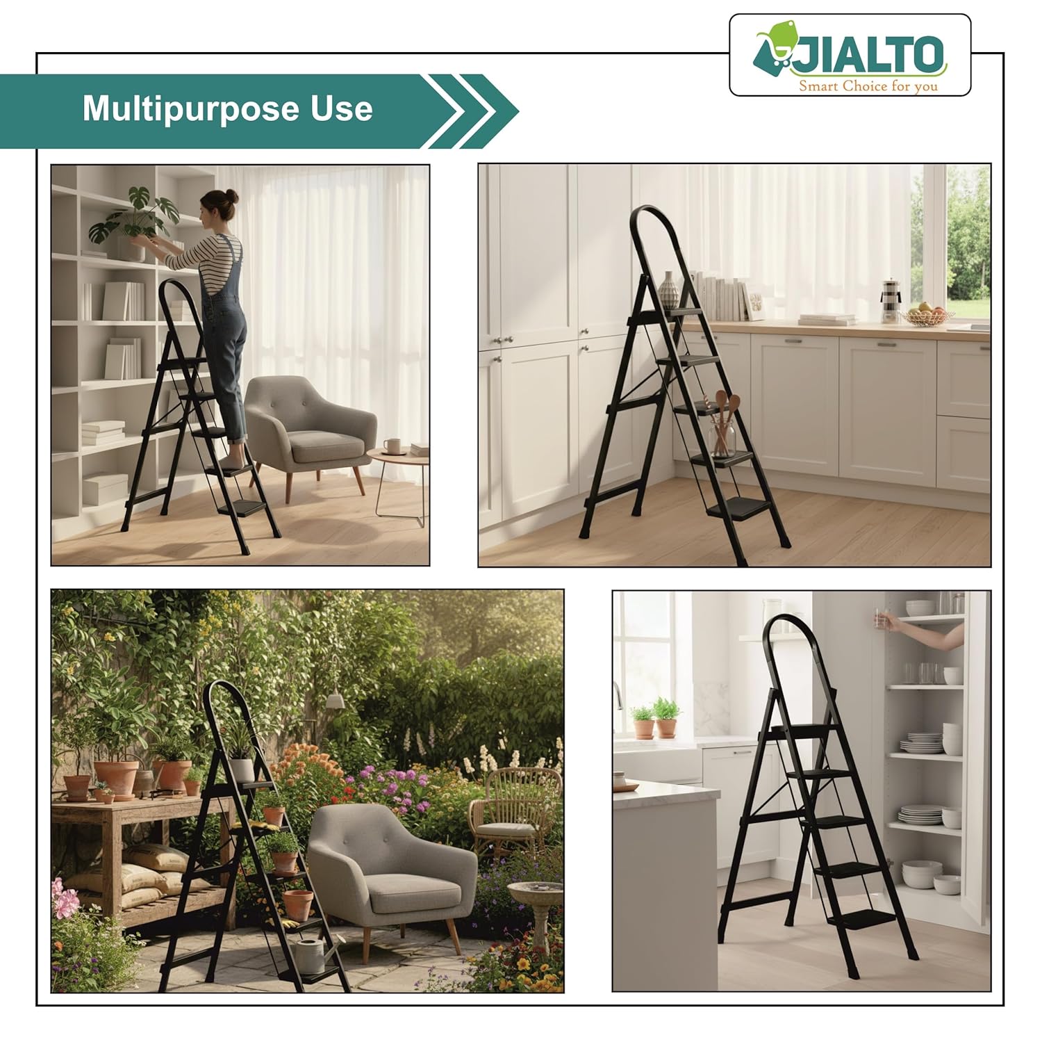 Jialto Premium Matte Black 5 Step Ladder | Foldable Ladder for Home with Built-in Tool Tray | Secure Lock &amp; Wide Rubber Feet | Heavy Duty Home Step Ladder (150kg Capacity)