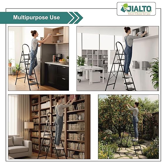 JIALTO 7 Step Ladder with Handrail | Folding Steel Step Stool for Home & Kitchen | Anti-Slip Wide Pedal, Lightweight & Portable | Space-Saving Design, Indoor & Outdoor Use (Black)