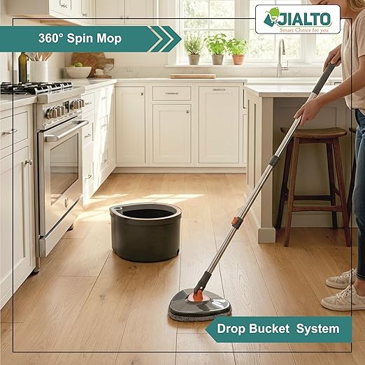 JIALTO 360° Spin Mop & Drop Bucket Deluxe System | Reusable Microfiber Pads for Wet & Dry Cleaning of Walls, Glass & Tiles and Home Floor Cleaning - Grey and Orange (Triangle)