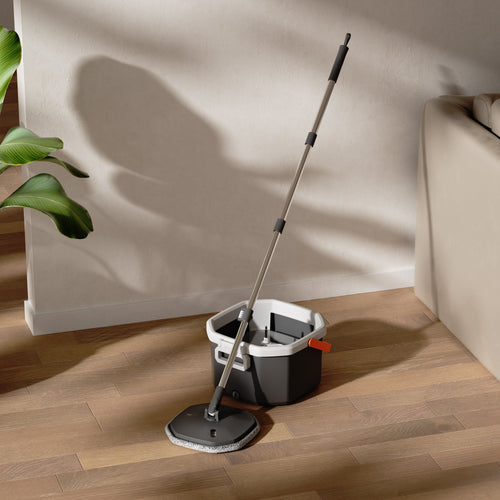 JIALTO 360° Spin Mop & Drop Bucket Deluxe System | Reusable Microfiber Pads, Self-Wringing Mop for Wet & Dry Cleaning of Walls, Glass & Tiles and Home Floor Cleaning - Grey and Orange (Square)