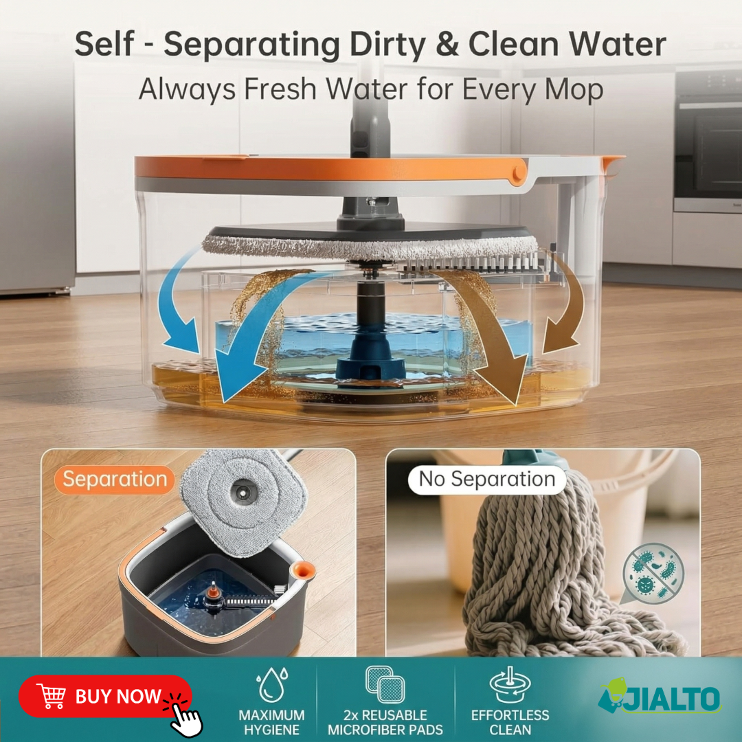JIALTO 360° Spin Mop & Drop Bucket Deluxe System | Reusable Microfiber Pads, Self-Wringing Mop for Wet & Dry Cleaning of Walls, Glass & Tiles and Home Floor Cleaning - Grey and Orange (Square)