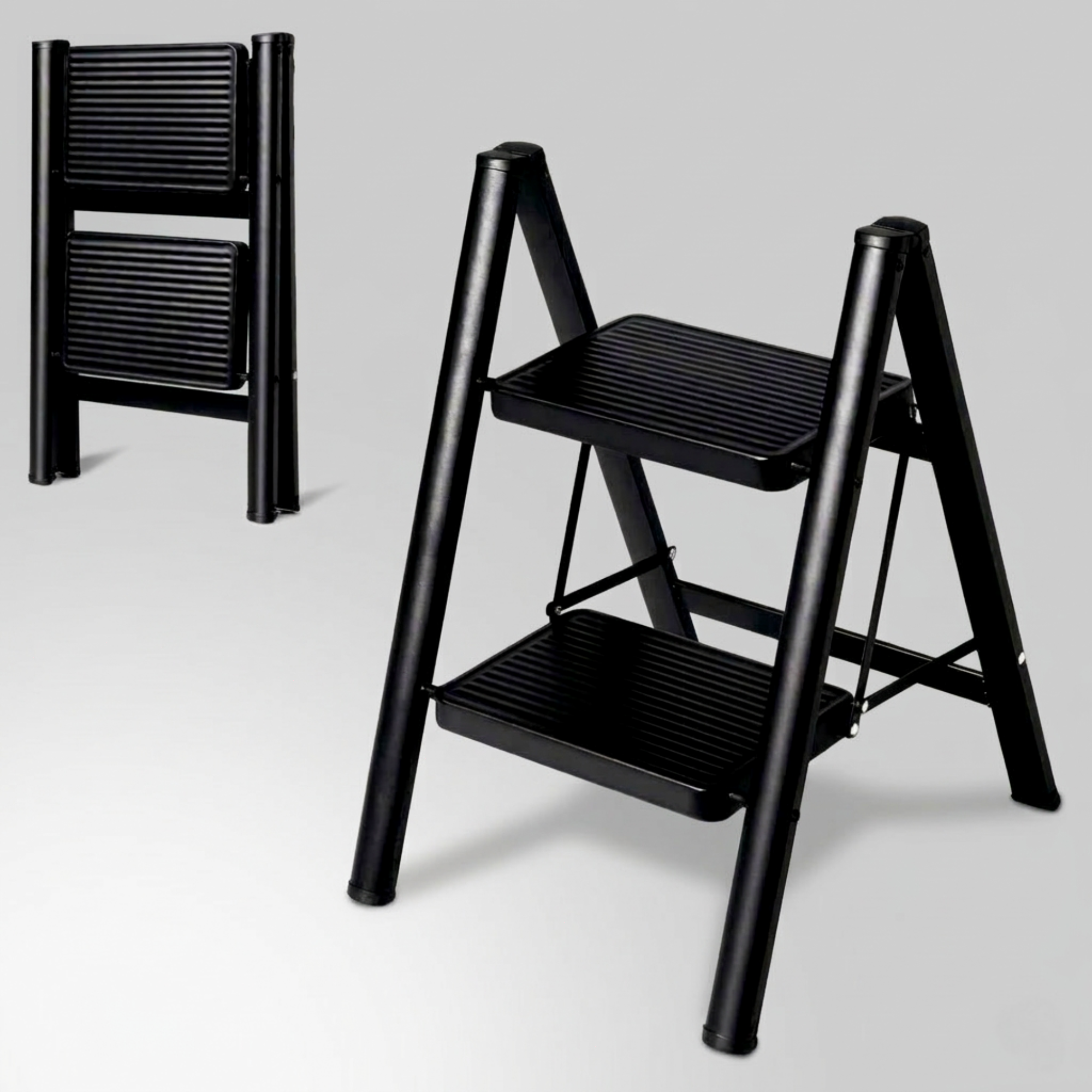 JIALTO 2 Step Aluminums Ladder | Foldable Step with Wide Pedals | Lightweight & Portable Stepping Stool for Home, Kitchen, Library, Office with Anti-Slip Heavy Duty 150 Kg Load (Black, 2 Step Ladder)