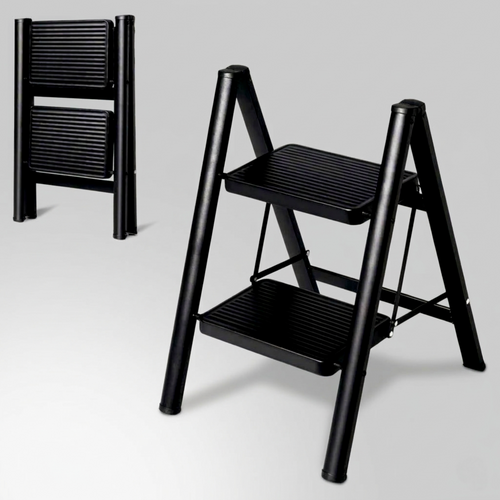 Jialto 2 Step Aluminium Ladder | Foldable, Wide Pedals | Anti-Slip, 150kg | Black