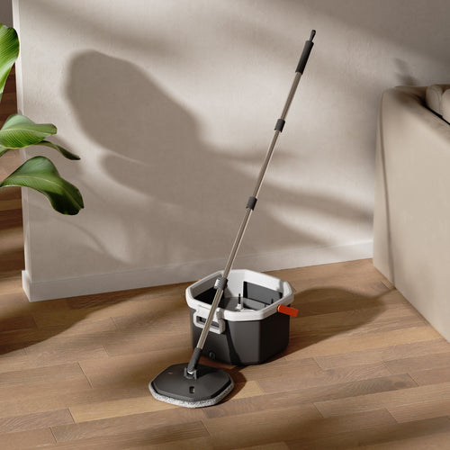 JIALTO 360° Spin Mop & Drop Bucket Deluxe System | Reusable Microfiber Pads for Wet & Dry Cleaning of Walls, Glass & Tiles and Home Floor Cleaning - Grey and Orange (Octagon)