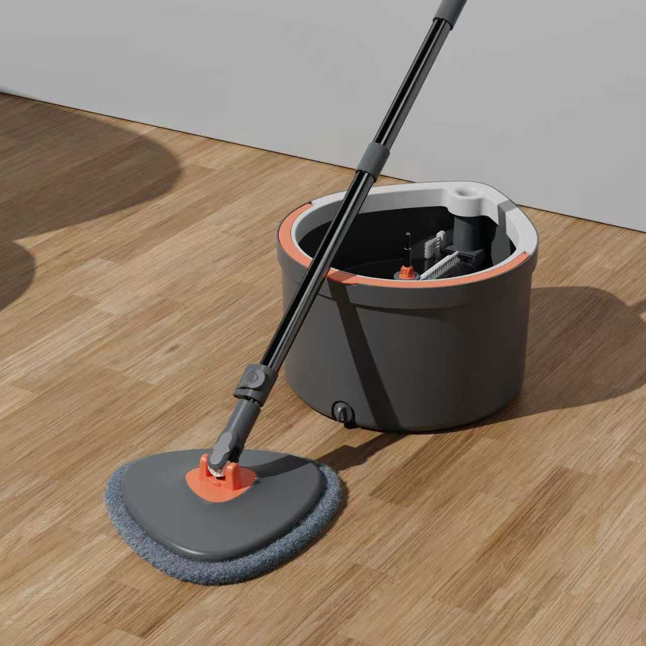 JIALTO 360° Spin Mop & Drop Bucket Deluxe System | Reusable Microfiber Pads for Wet & Dry Cleaning of Walls, Glass & Tiles and Home Floor Cleaning - Grey and Orange (Triangle)