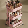 JIALTO Multipurpose Trolley with Wheels- Heavy Duty 3-Tier Utility Cart for Storage & Organization- Movable Rack for Home, Kitchen, Bathroom, Pantry- Durable Metal Frame with Lockable Wheels (Pink)