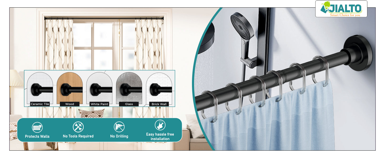 JIALTO Adjustable Bathroom Curtain Rod | Extendable  Shower Curtain Rod Without Drill for Wall Anti-Skid Spring Pull | Door Curtain | Bathroom Pipe Rod | Curtain Stand - WHITE, Pack Of - 2
