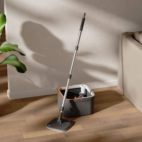 JIALTO 360° Spin Mop & Drop Bucket Deluxe System | Reusable Microfiber Pads, Self-Wringing Mop for Wet & Dry Cleaning of Walls, Glass & Tiles and Home Floor Cleaning - Grey and Orange (Square)