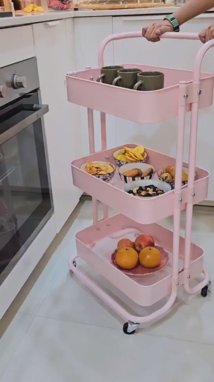 JIALTO Multipurpose Trolley with Wheels- Heavy Duty 3-Tier Utility Cart for Storage & Organization- Movable Rack for Home, Kitchen, Bathroom, Pantry- Durable Metal Frame with Lockable Wheels (Pink)