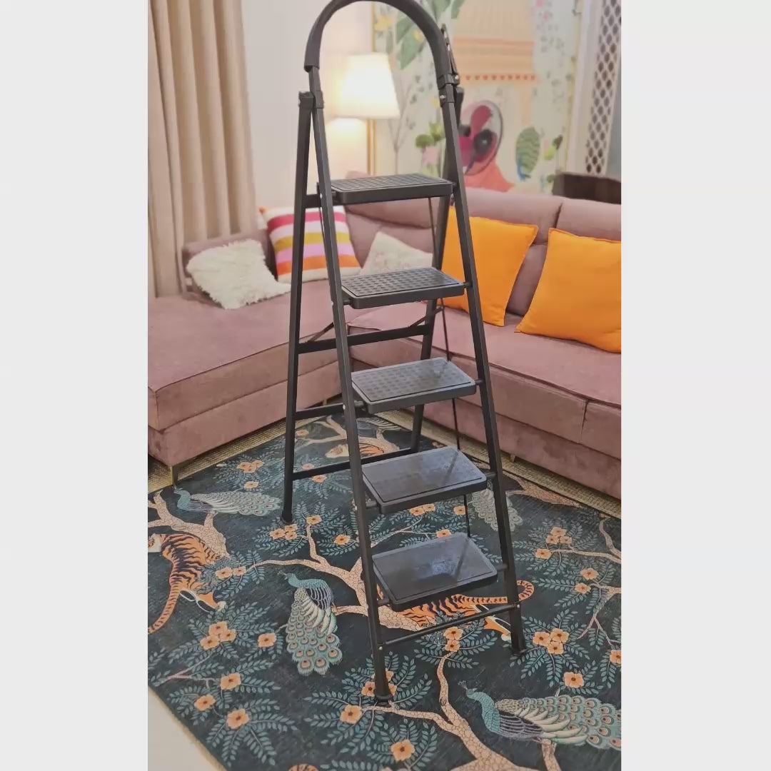 Jialto Premium Matte Black 5 Step Ladder | Foldable Ladder for Home with Built-in Tool Tray | Secure Lock & Wide Rubber Feet | Heavy Duty Home Step Ladder (150kg Capacity)